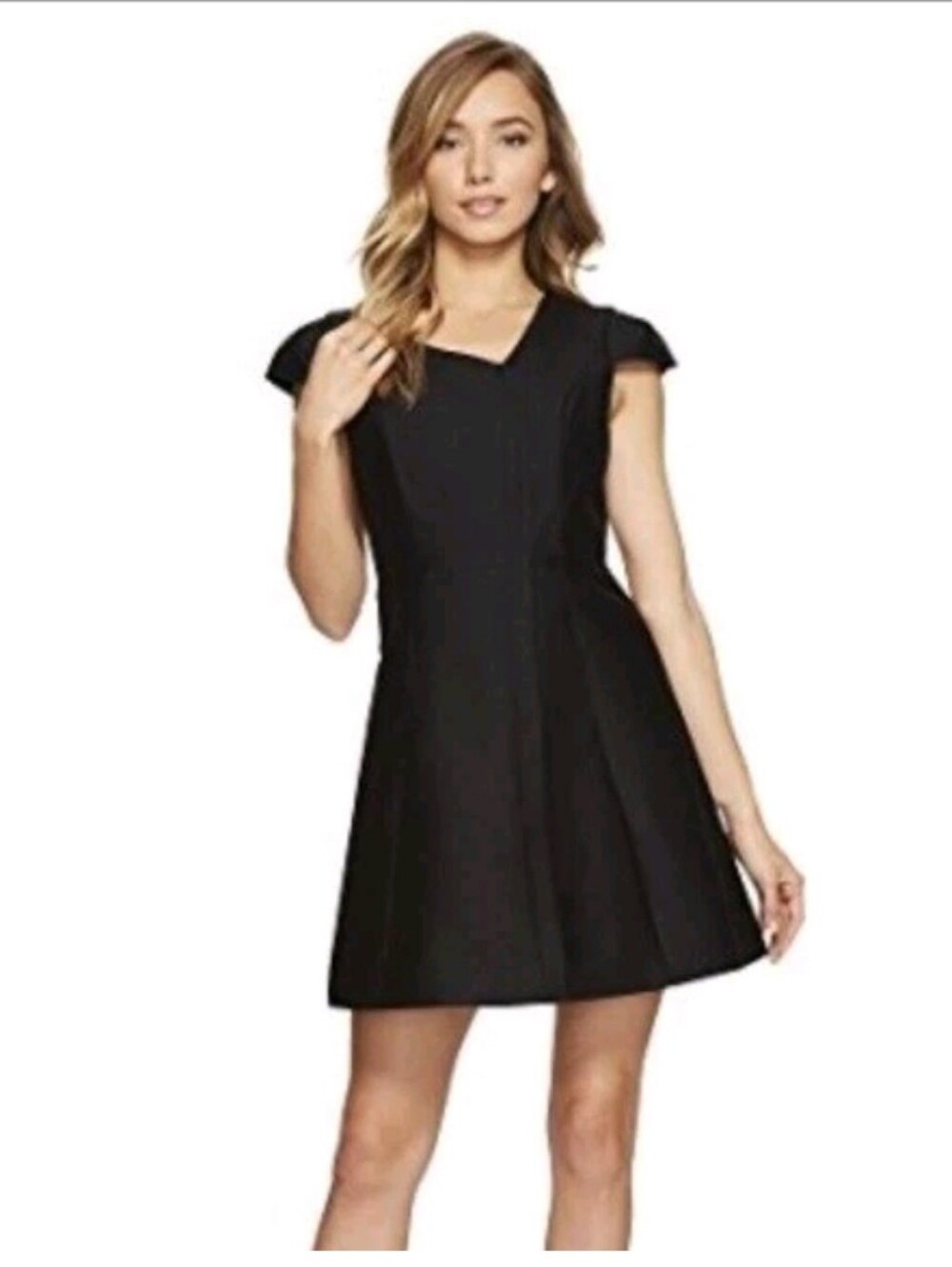 New!Halston Black Cap-sleeve A-Line V-neck Cocktail Dress Y2K Classic Core Retro